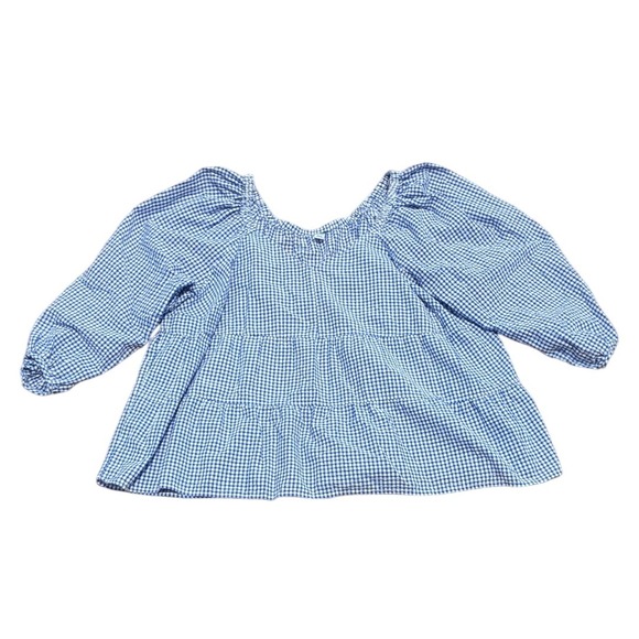 Old Navy Blouse Blue Gingham Tiered Peasant Cottage Puff Sleeve‎ Top Women's 3X - Picture 1 of 6